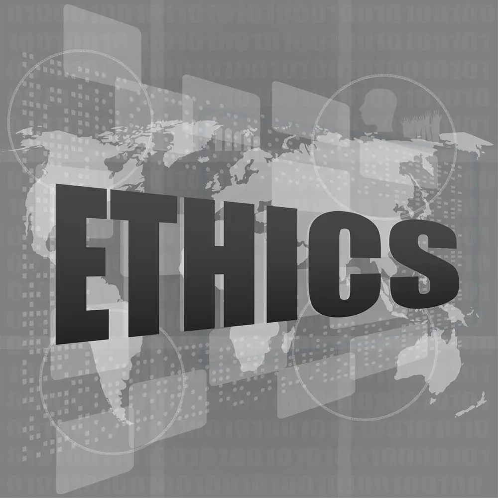 Pixeled word ethics on digital screen with world map